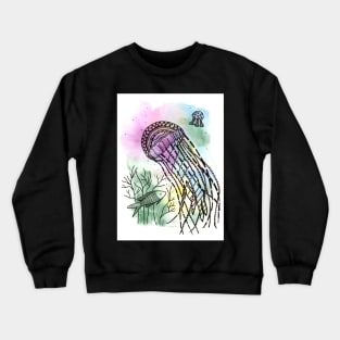 Jellyfish doodling with watercolor and ink Crewneck Sweatshirt